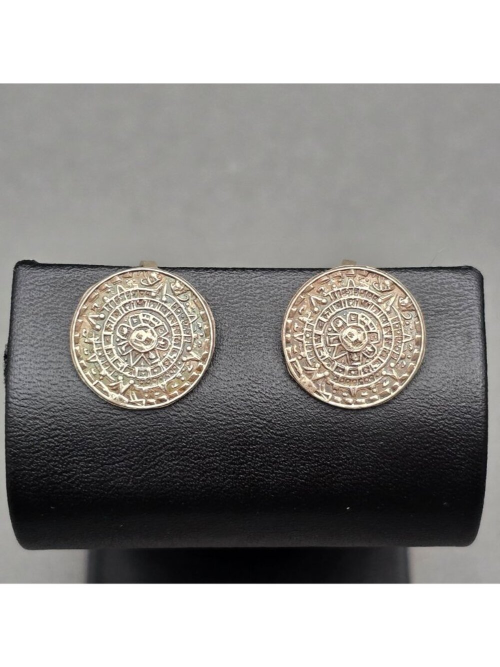 Vintage Taxco Far Fan Sterling Silver Aztec Sun Stone Earrings .75" Screw Back - Picture 2 of 10